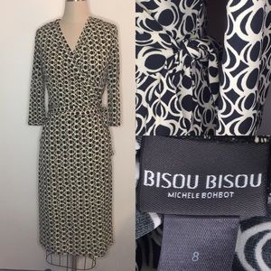 Bisou Bisou Retro Black White geometric wrap dress